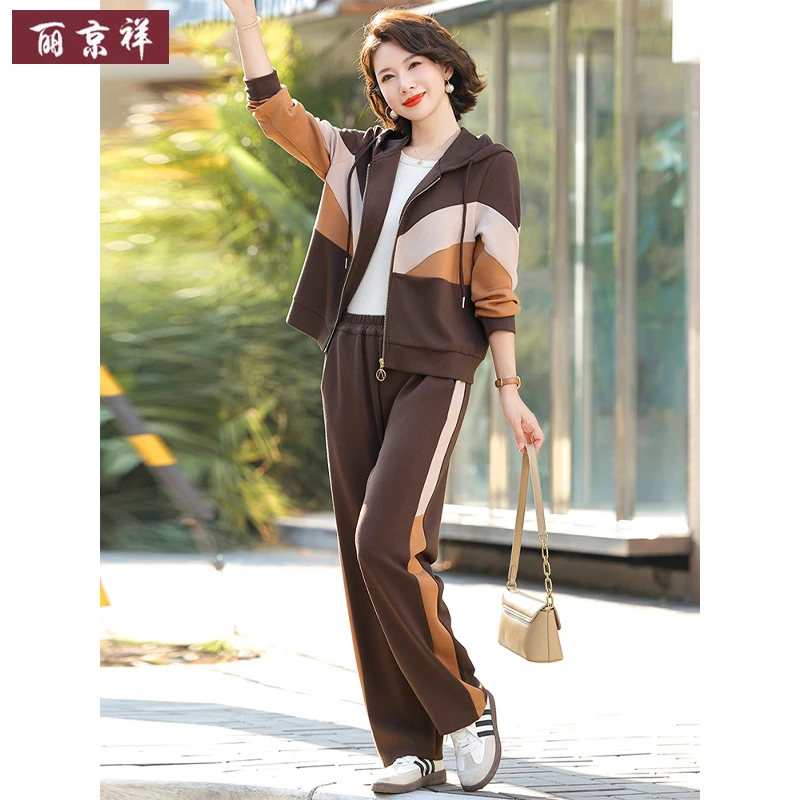 中年妈妈春秋时尚拼色减龄上衣新款中老年女气质连帽休闲外套套装