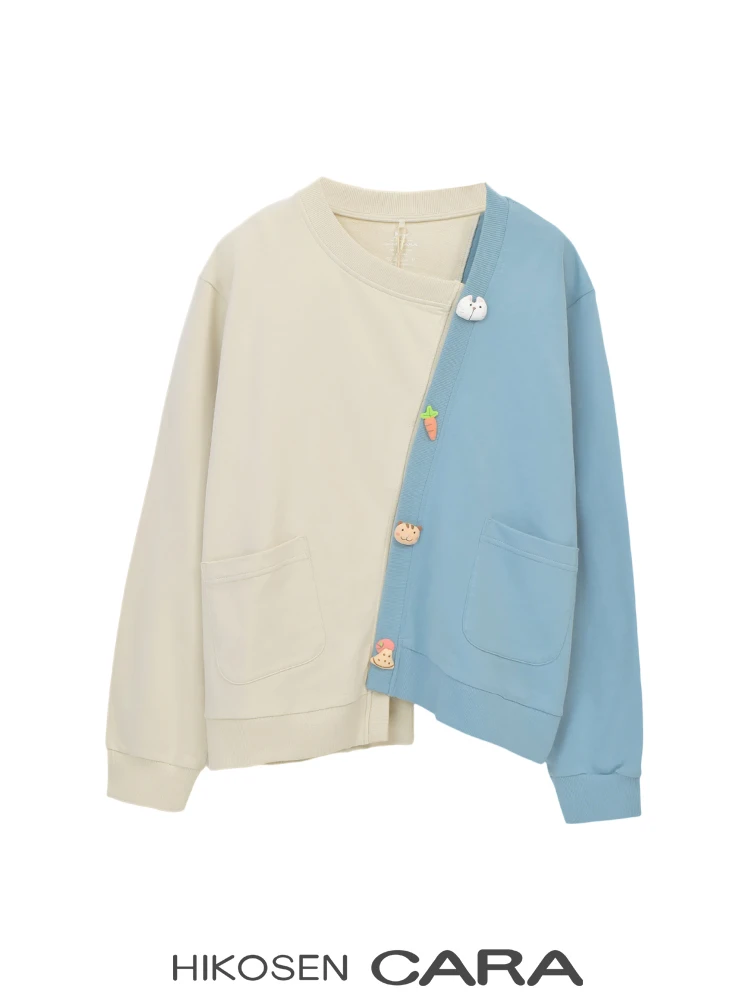 HIKOSEN CARA/卡拉猫纯棉不规则拼色卫衣外套休闲长袖上衣