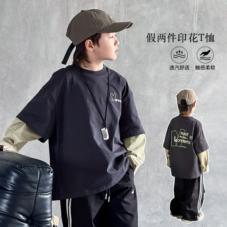 宝宝童装服装印花秋季衬袖洋气T恤春宽松韩版时髦儿童假两件