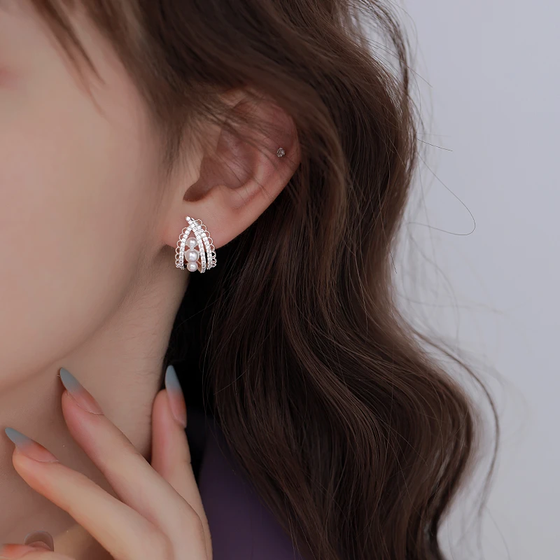 CUOOYINO/初影 铜合金合成锆石耳饰 【法式蕾丝】925银针耳环女耳饰