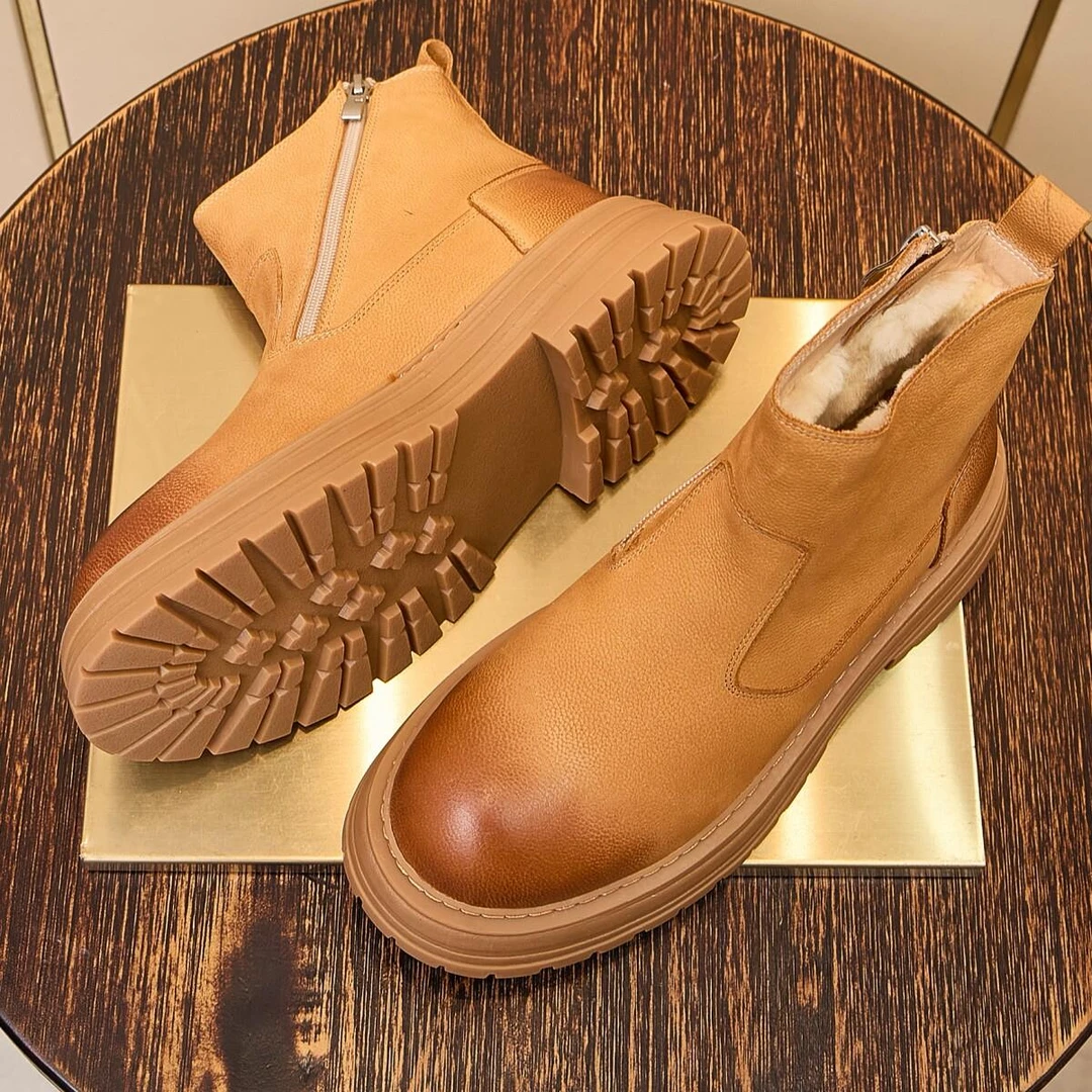 2025冬季真皮雪地靴男厚底短筒纯羊毛保暖靴皮毛一体马丁靴男皮靴