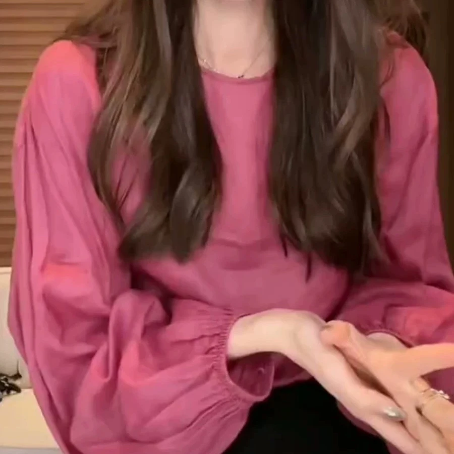 甜美法式上衣衫衣女款爆款韩版圆领宽松纯色长袖衬衫女春装瘦衬衣