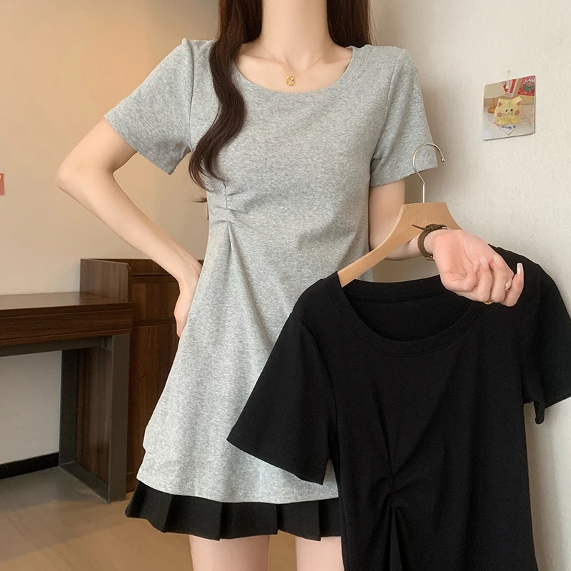 精棉210g大码正肩短袖T恤夏季胖mm显瘦设计感褶皱中长款上衣