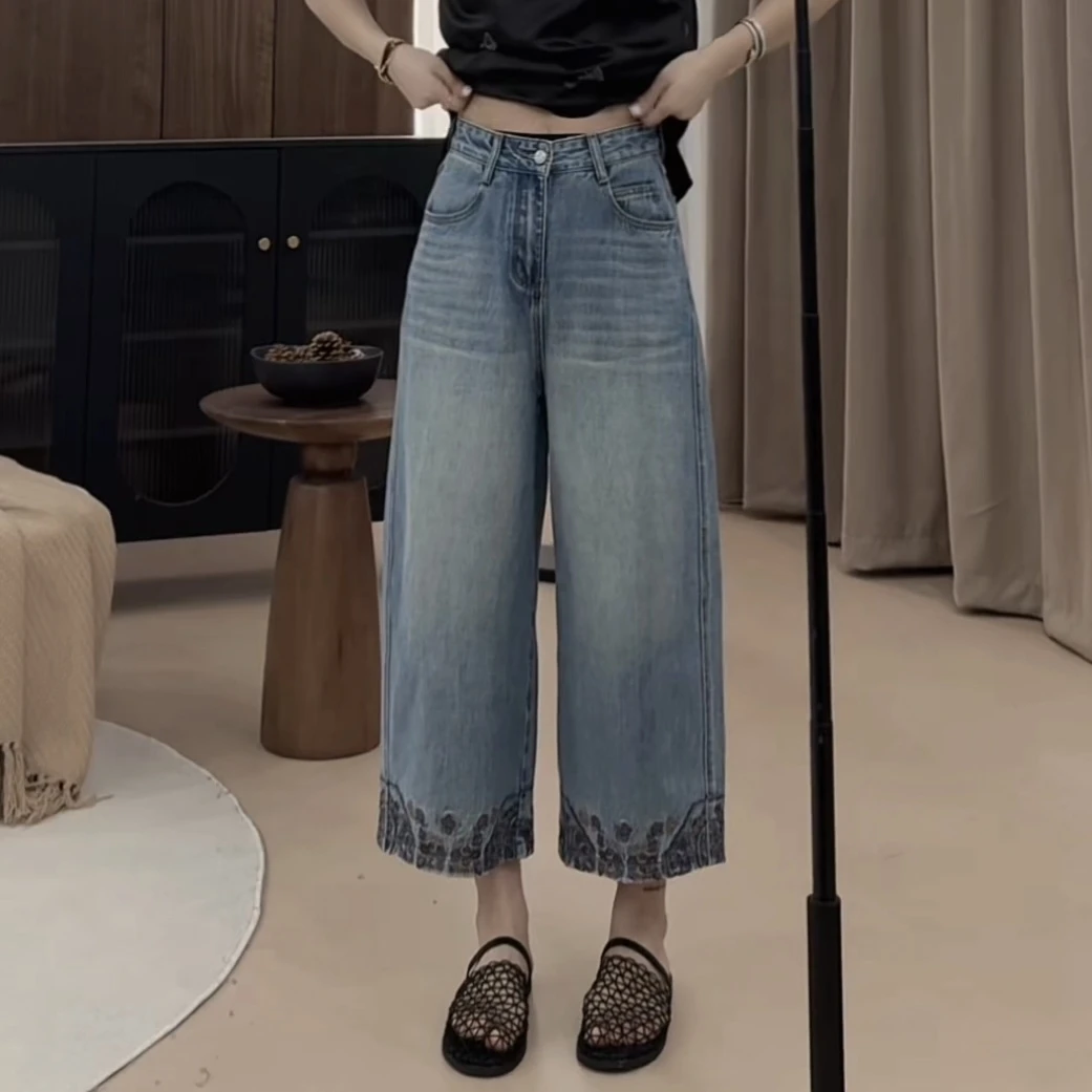 伟丽店4026款【裤脚刺绣绣花八分阔腿牛仔裤】时尚百搭显瘦牛仔裤