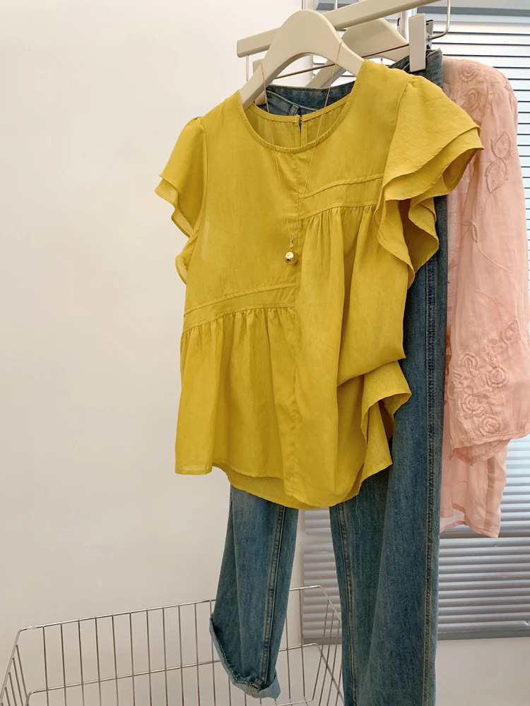 夏日轻薄黄色短袖衬衫女士法式小资飞袖减龄上衣2025新款别致小衫