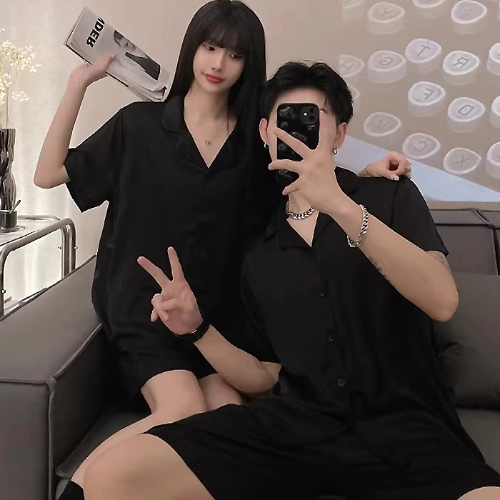 情侣睡衣男士夏季冰丝短袖夏男女士冰雪丝薄款黑色家居服套装大码