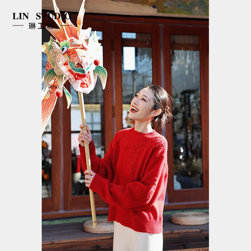 【新年艺术羊绒】【100%山羊绒】琳工坊“醉舞”红色针织衫唐琳设计师