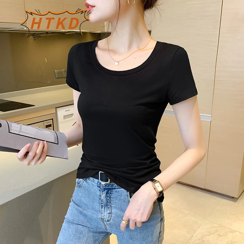 HTKD黑色t恤女短袖正肩圆领2025年夏季新款低领纯色简约修身半袖