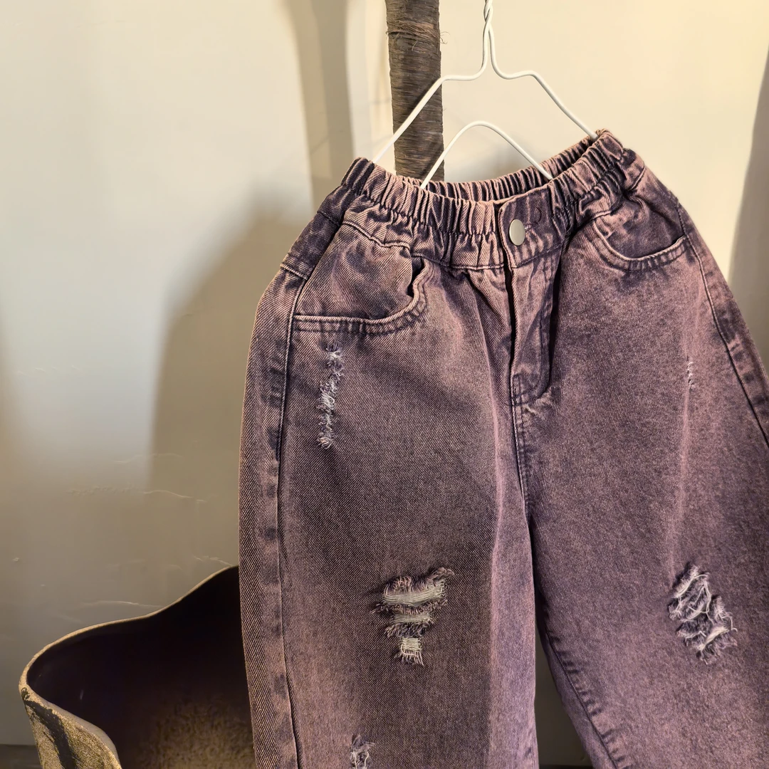 7018#儿童设计款香芋紫韩版破洞补丁牛仔裤