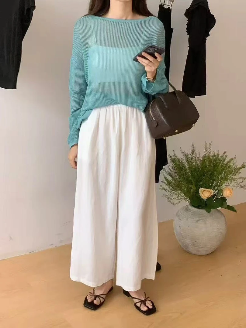 2433 韩系简约百搭宽松纯色高腰阔腿裤