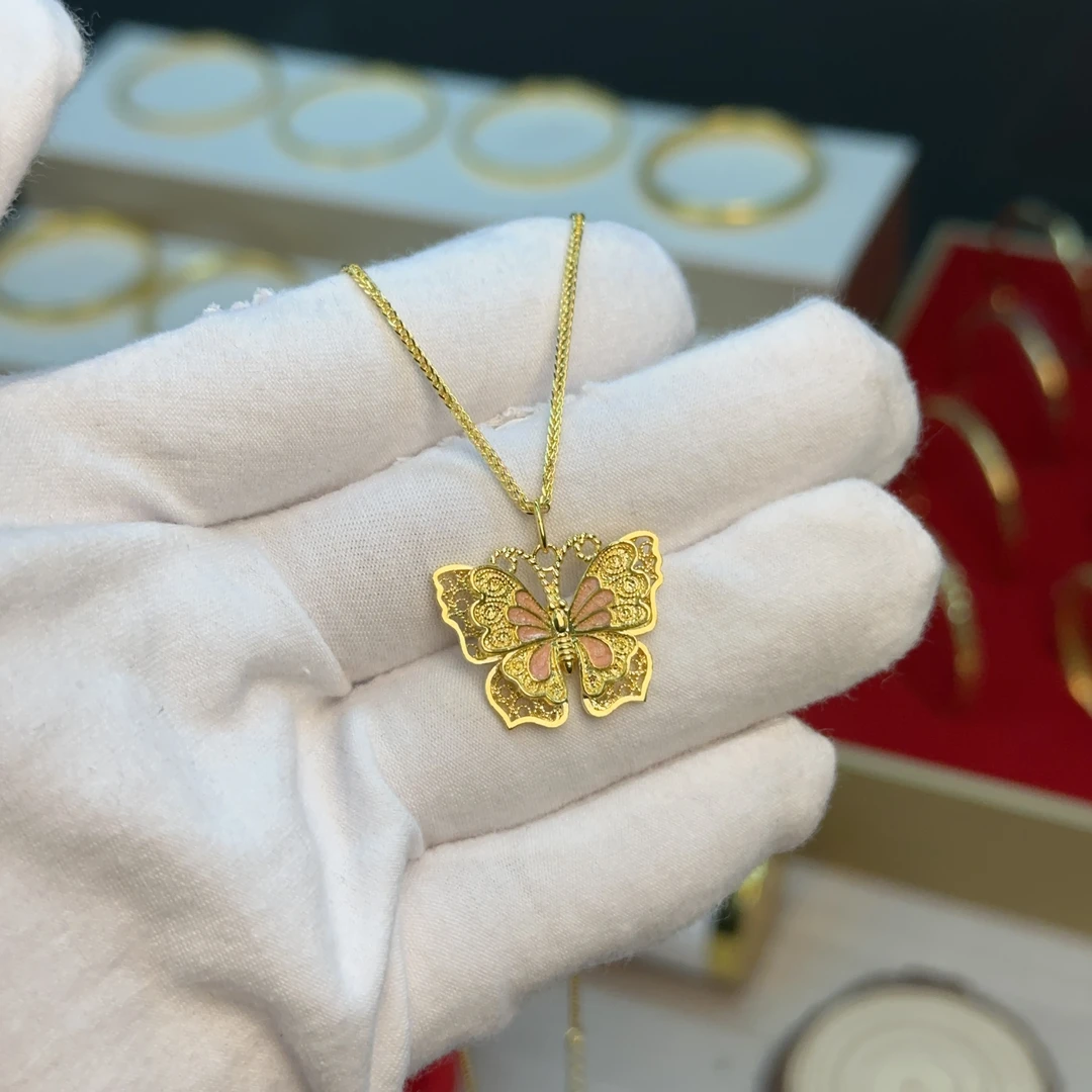 坠链均足银珐琅 足银项链蛇年新款花丝蝴蝶吊坠经典百搭女款链