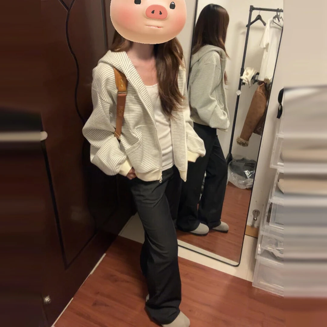 韩系慵懒条纹连帽卫衣短外套女春秋2025新款小个子上衣早秋季穿搭