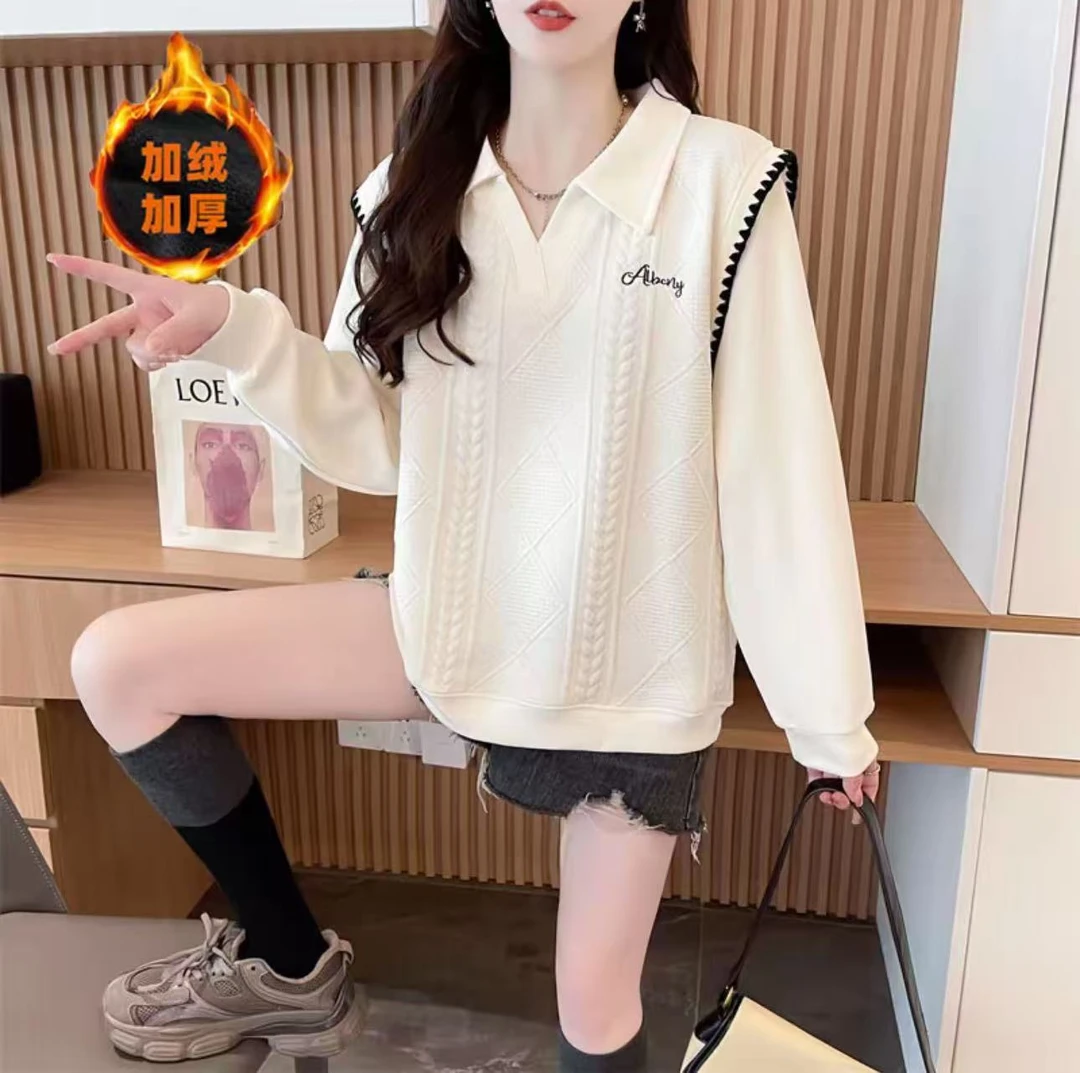 翻领polo衫卫衣女2025新款秋冬季宽松大码加绒加厚小个子上衣外套
