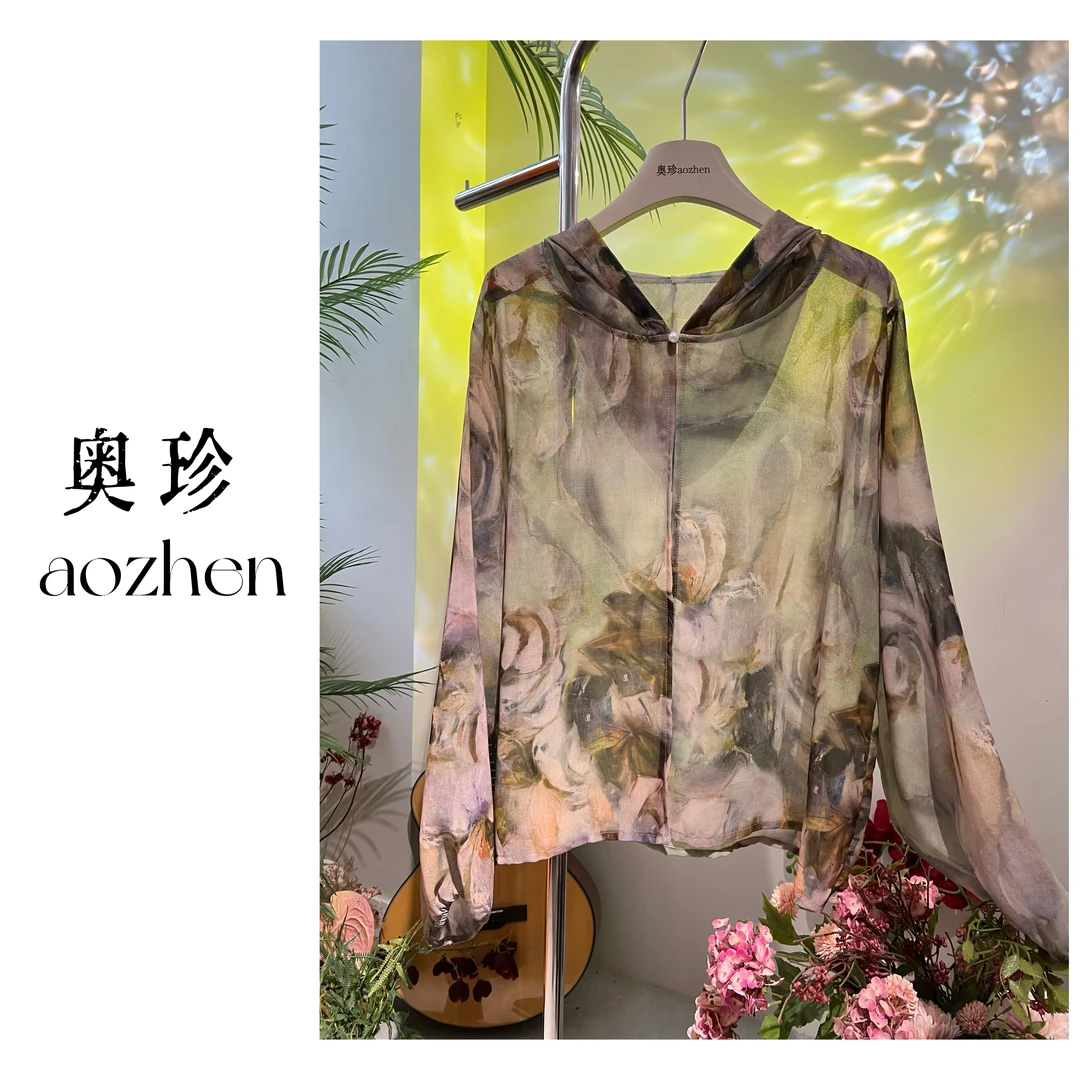 莫奈花园系时尚简约百搭连帽防晒服复古印花设计感雪纺上衣