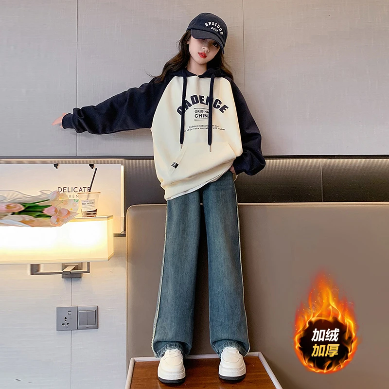 女童卫衣2025新款儿童加绒卫衣套装连帽女大童12-15岁洋气衣服潮