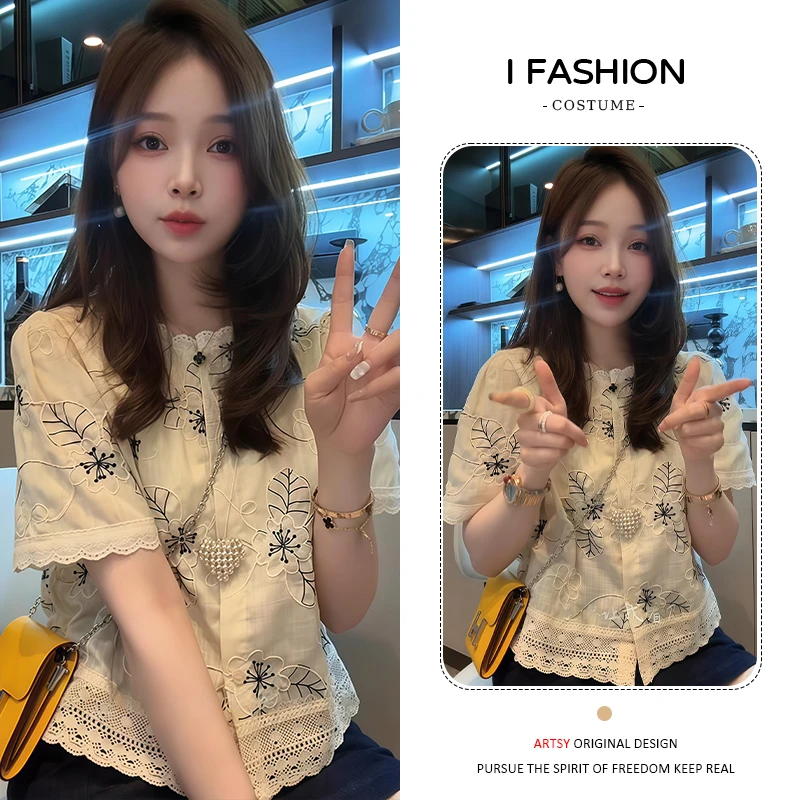 复古中式蕾丝花边短袖衬衫女2025年夏季新款法式气质百搭短款上衣