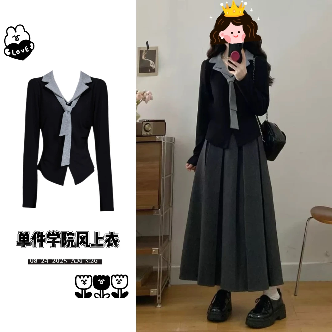 2025秋季新款polo领撞色绑带长袖T恤女小众洋气遮肉减龄外穿上衣