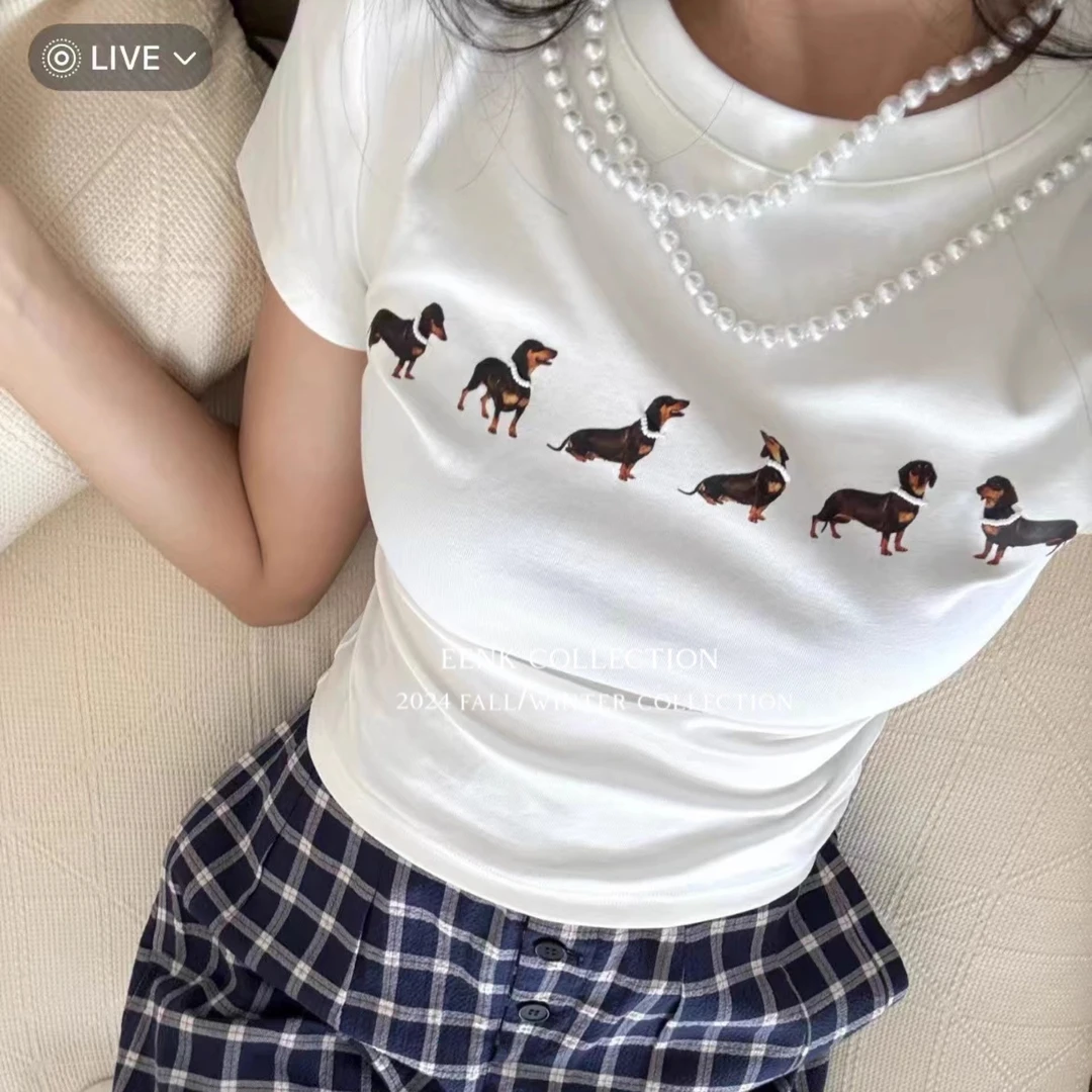 Jennie同款 25春夏立体珍珠腊肠狗狗印花正肩上衣弹力显瘦短袖T恤