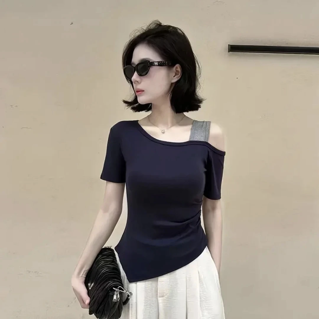 亲肤柔软小众气质不规则上衣2025夏季薄款露肩修身显瘦短袖T恤女
