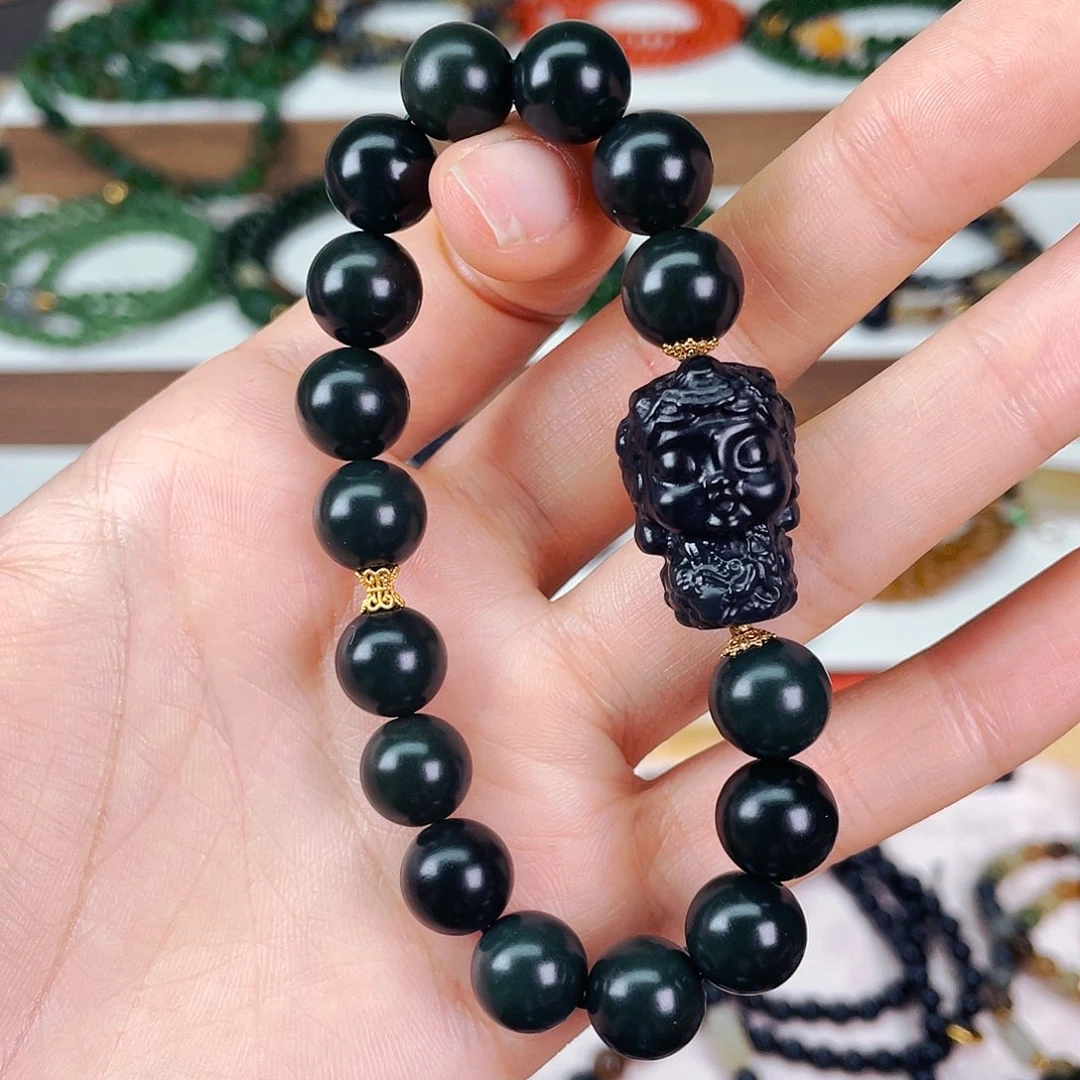 和田玉10mm青玉绿度母设计款单圈未镶嵌