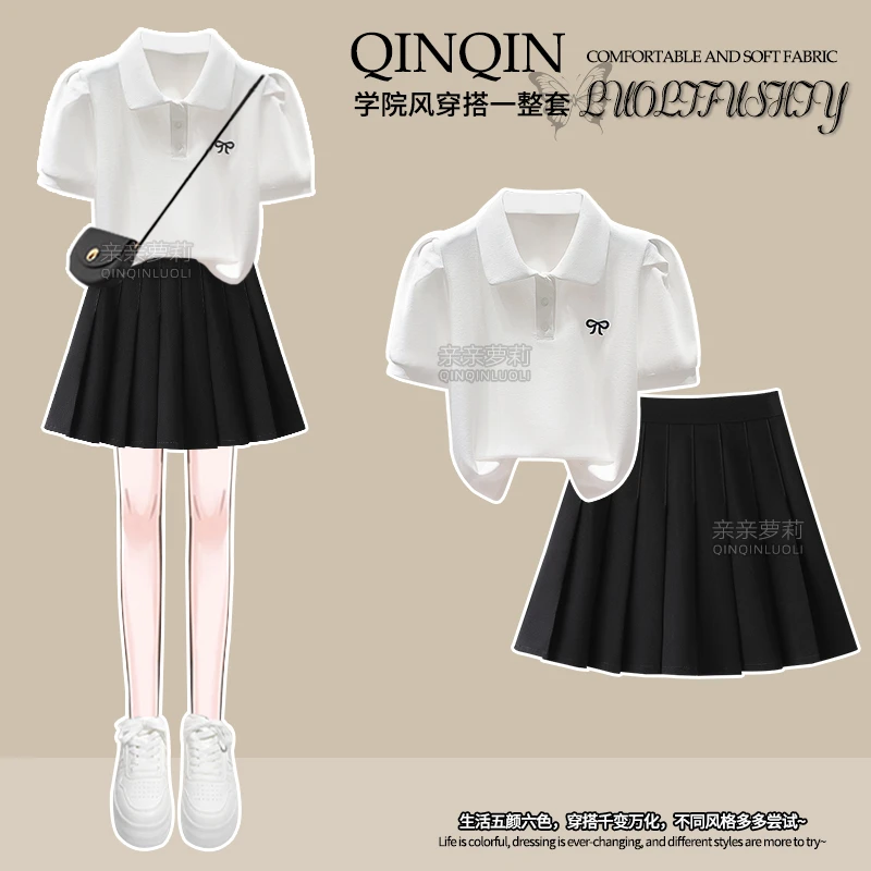 女童夏季学院风套装2025新款中大童Polo衫短袖休闲T恤百褶裙夏装