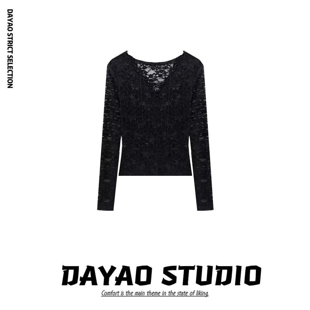 L DYA083【黑天鹅】法式黑色蕾丝纯欲辣妹修身显瘦紧身长袖上衣