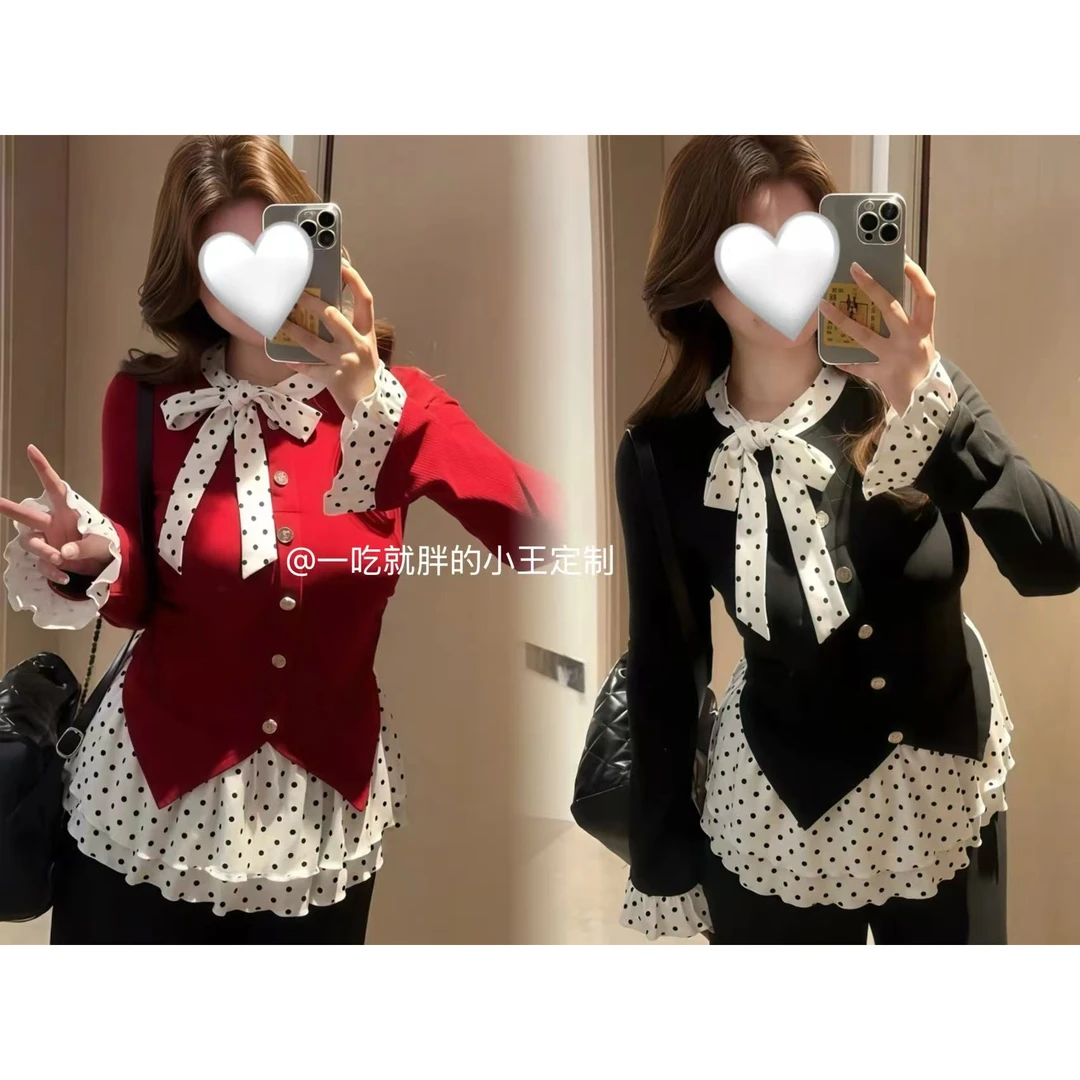 【小王家】洋气显瘦女上衣波点时尚不起球毛针织衫不褪色假两件小衫