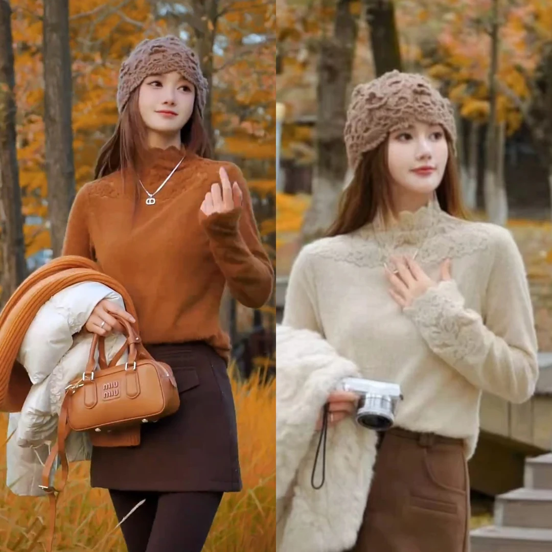 半高领蕾丝针织衫女士2025新款秋冬季磨毛内搭打底衫钩花镂空上衣