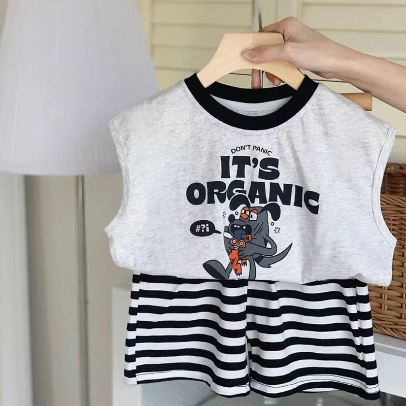 100纯棉儿童新款背心卡通男女童宽松宝宝无袖百搭上衣洋气外穿潮t