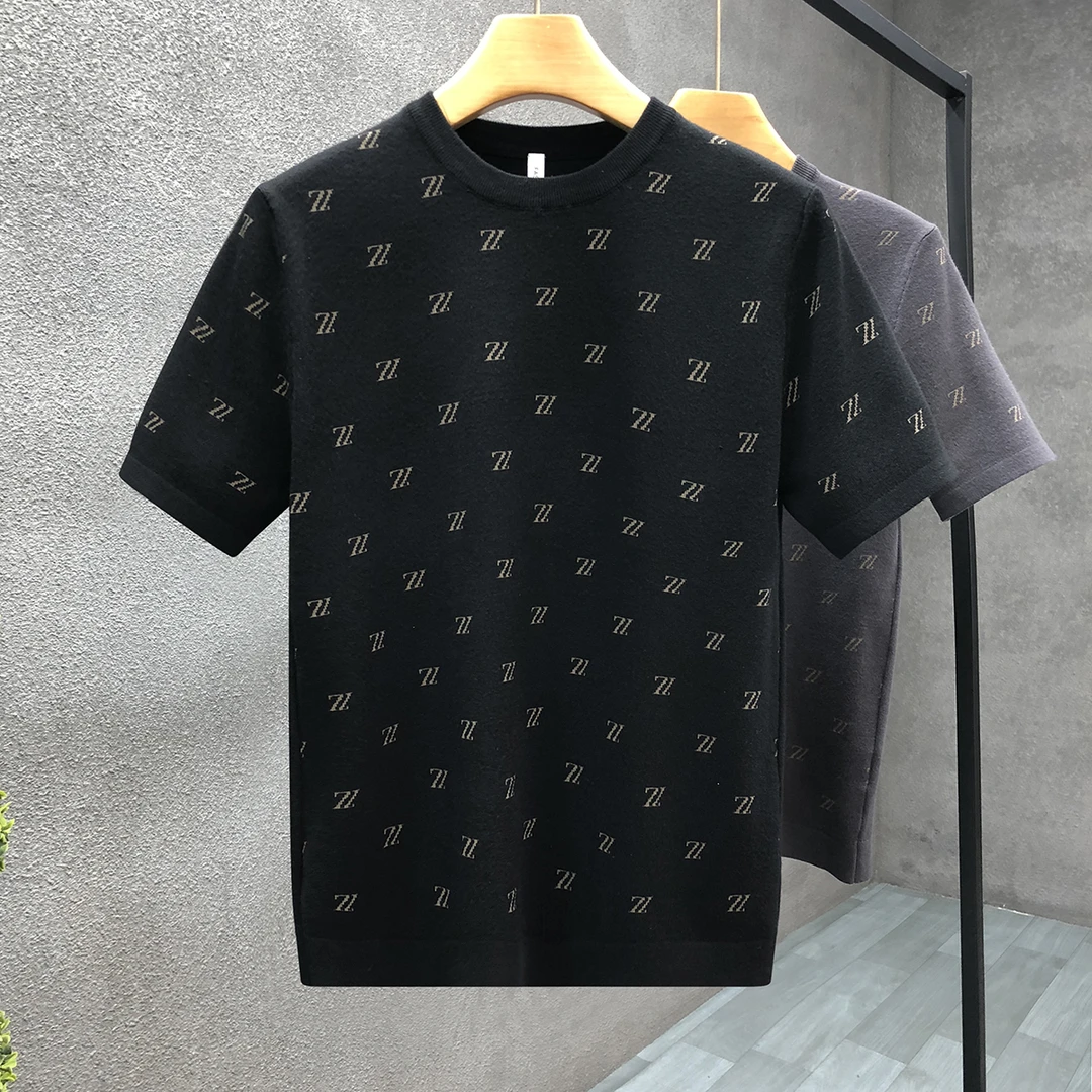 专柜定制时尚短袖针织衫男款潮牌薄款半袖毛衣2025春秋新款打底衫