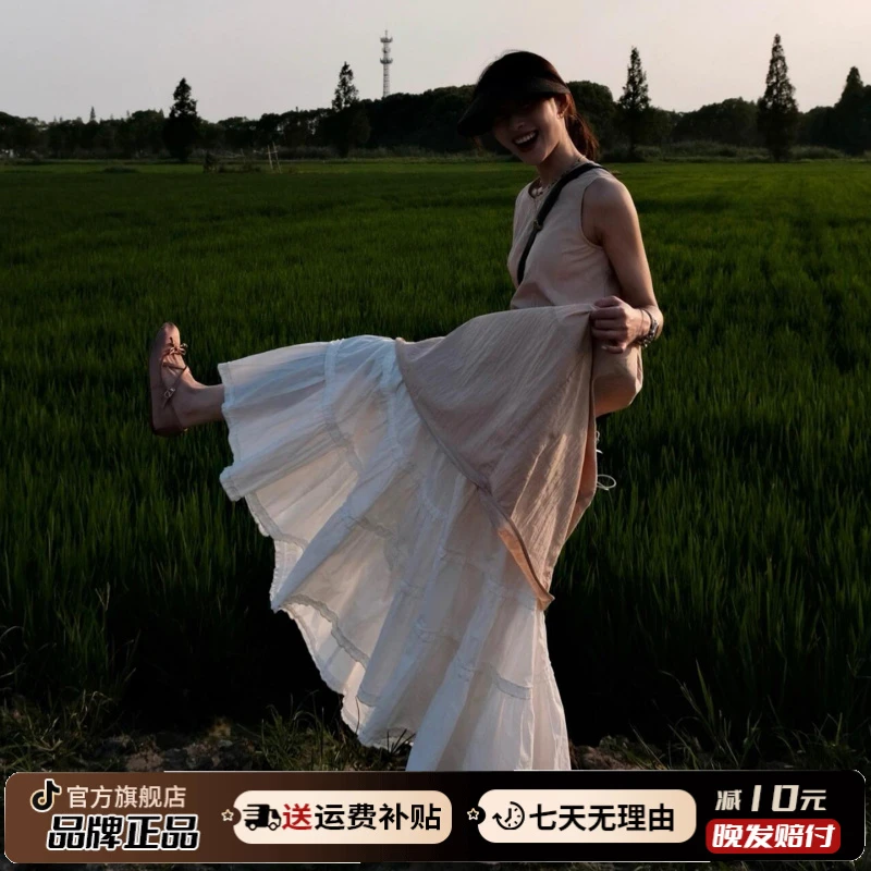 草原度假风穿搭无袖背心粉色亚麻连衣裙子女夏2025新款慵懒风长裙