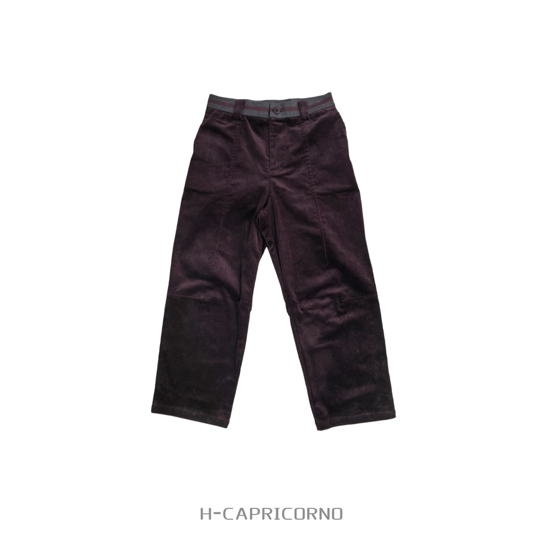 H-CAPRICORNO时髦朗姆酒红条绒撞色罗纹腰头温暖小脚直筒九分裤