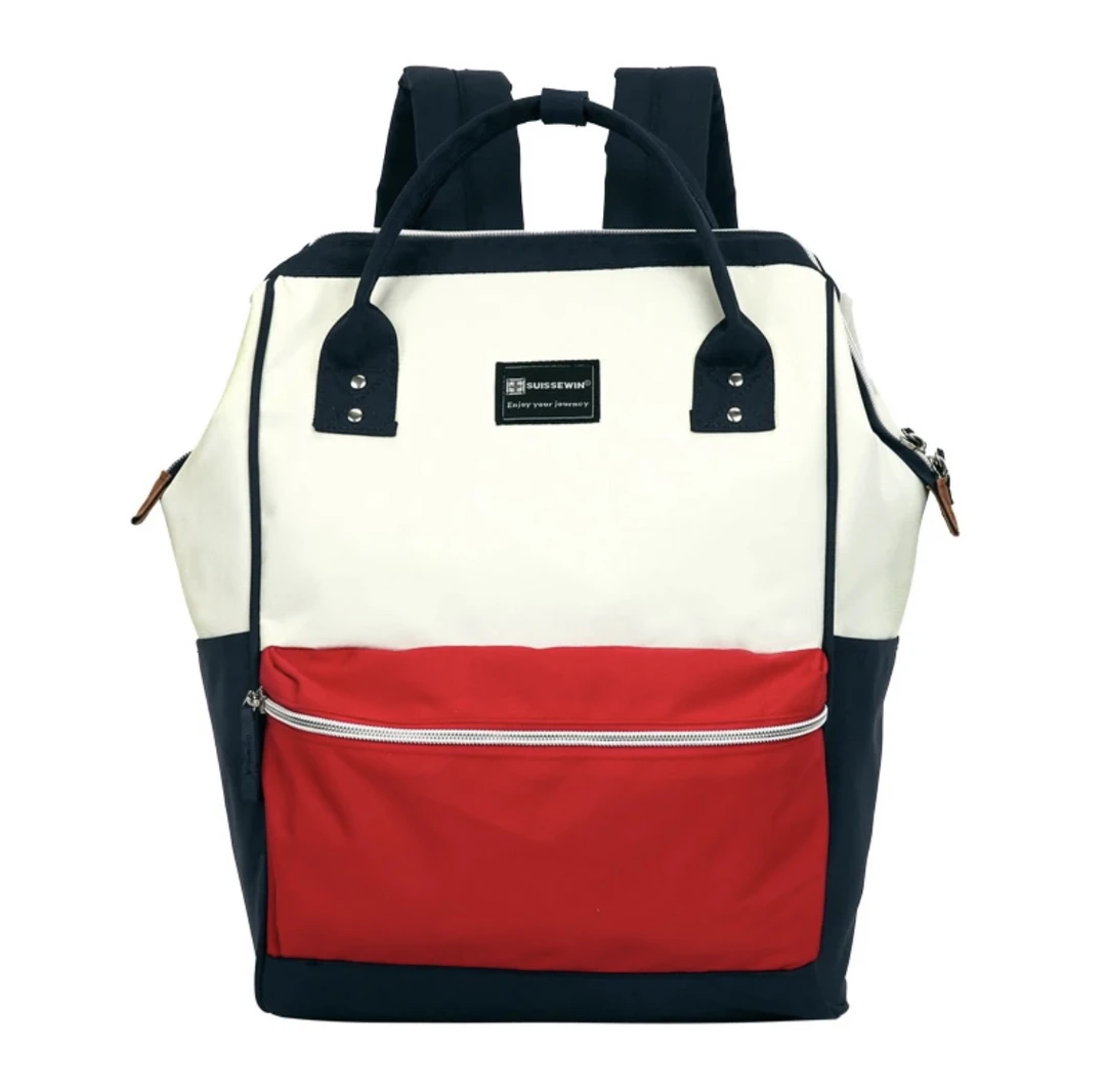 祥兴箱包红白撞色双肩包防盗帆布学生书包休闲旅行背包SN17117