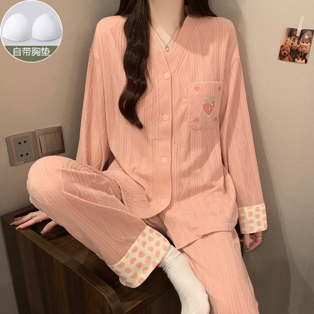 带胸垫睡衣女春秋款一体网红风长袖套装秋冬季可爱外穿甜美家居服