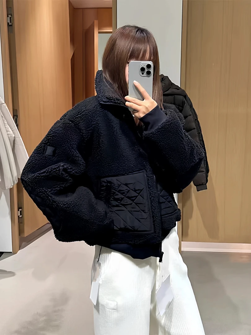 女士外贸黑色白色明星同款羊羔绒立领温暖时髦飞行夹克外套