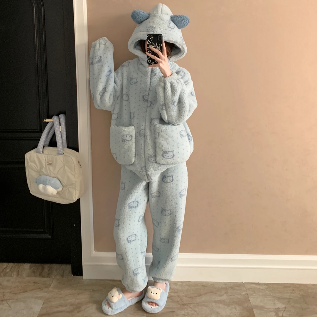 2025新款冬季睡衣女加绒加厚珊瑚绒蓝色连帽拉链保暖两件套家居服