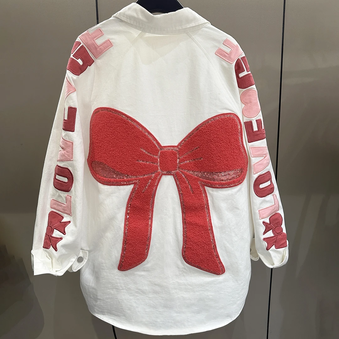 2025春秋重工新款蝴蝶结刺绣牛仔长袖外套女宽松休闲百搭中长款