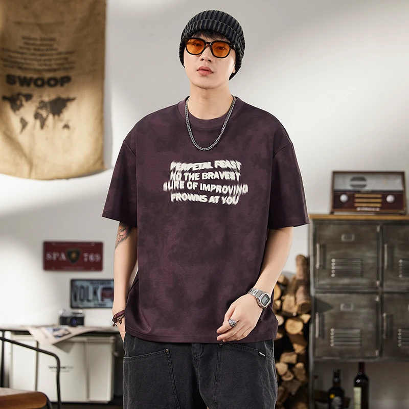 夏季男士复古潮流宽松短袖T恤字母印花圆领百搭舒适