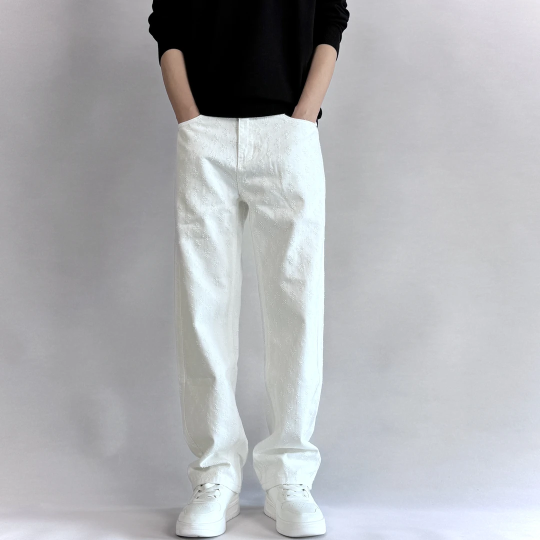【宽松直筒】纯棉无弹美式潮牌牛仔裤男士提花高级百搭纯色白色