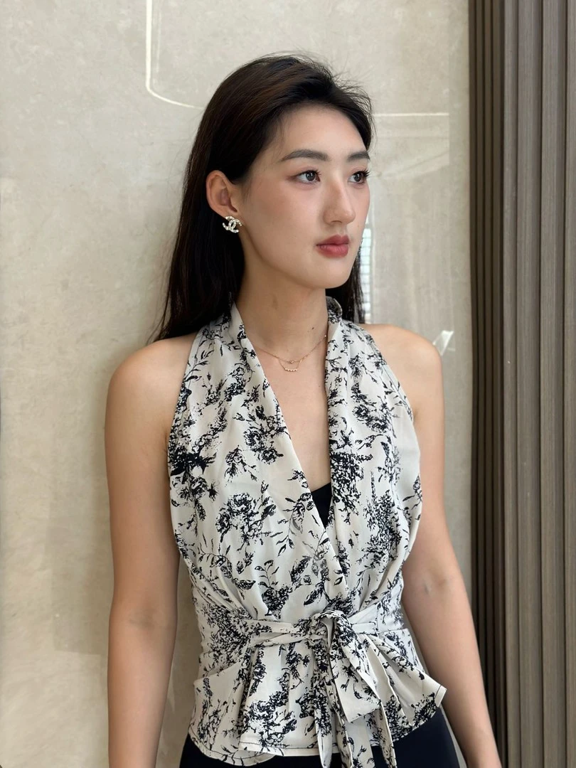 法式不规则V领绑带无袖衬衫女夏季设计感收腰绑带独特漂亮小上衣