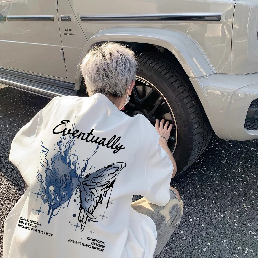 100%纯棉短袖重磅美式高街蝴蝶印花t恤男女同款宽松休闲百搭半袖