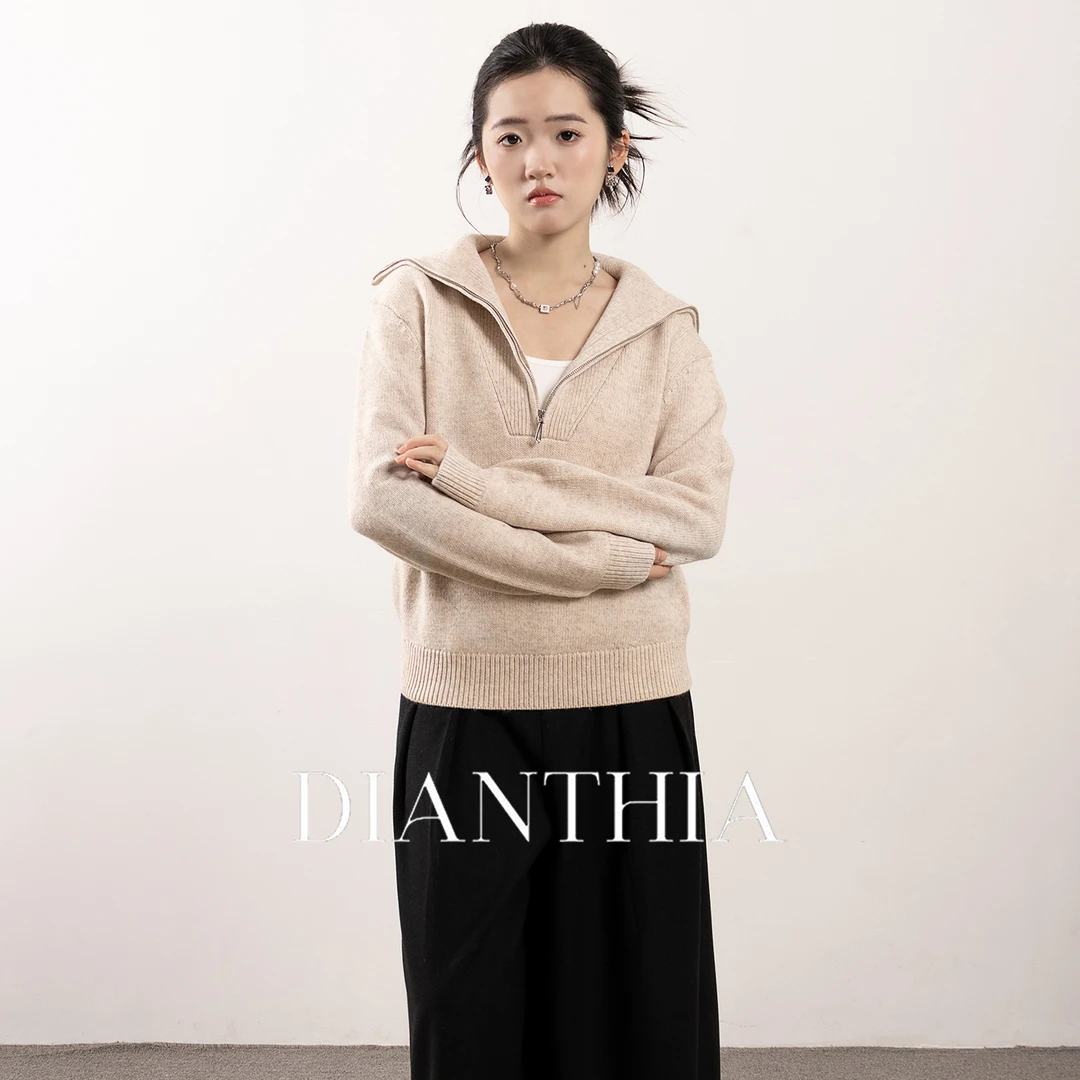 DianThia极简风羊毛毛衣女2025秋冬新款拉链领慵懒保暖打底针织衫