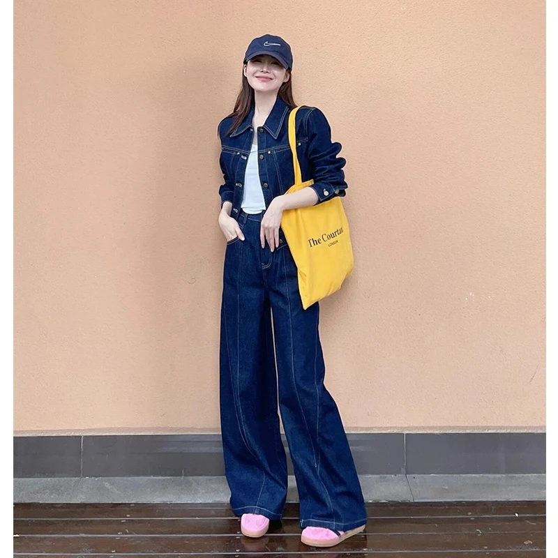 2025秋新款蓝色牛仔套装女复古港风时尚穿搭休闲短外套长裤两件套