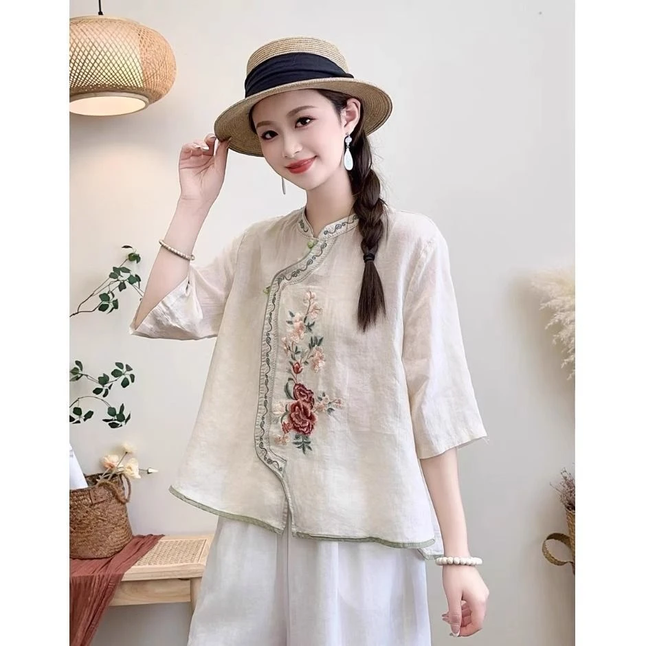 复古中国风刺绣棉麻衬衫女夏季复古新中式禅意茶服上衣女棉麻小衫