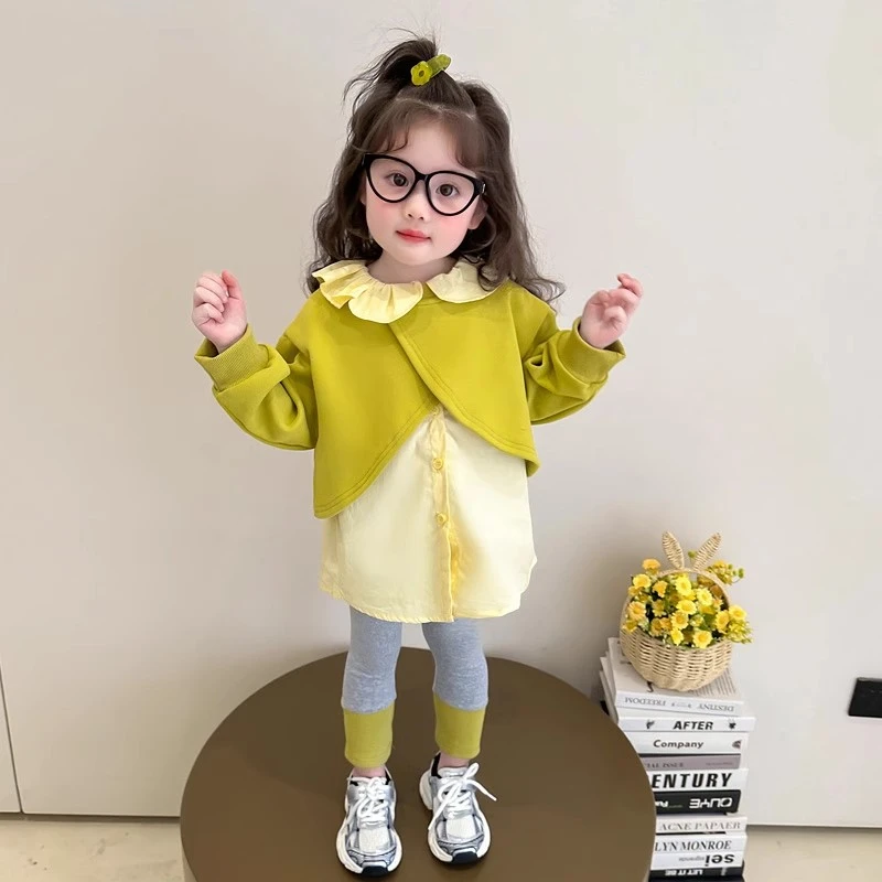 【现货】女童洋气版儿童宝宝春款衣服童装长袖春秋底裤套装纯色韩版