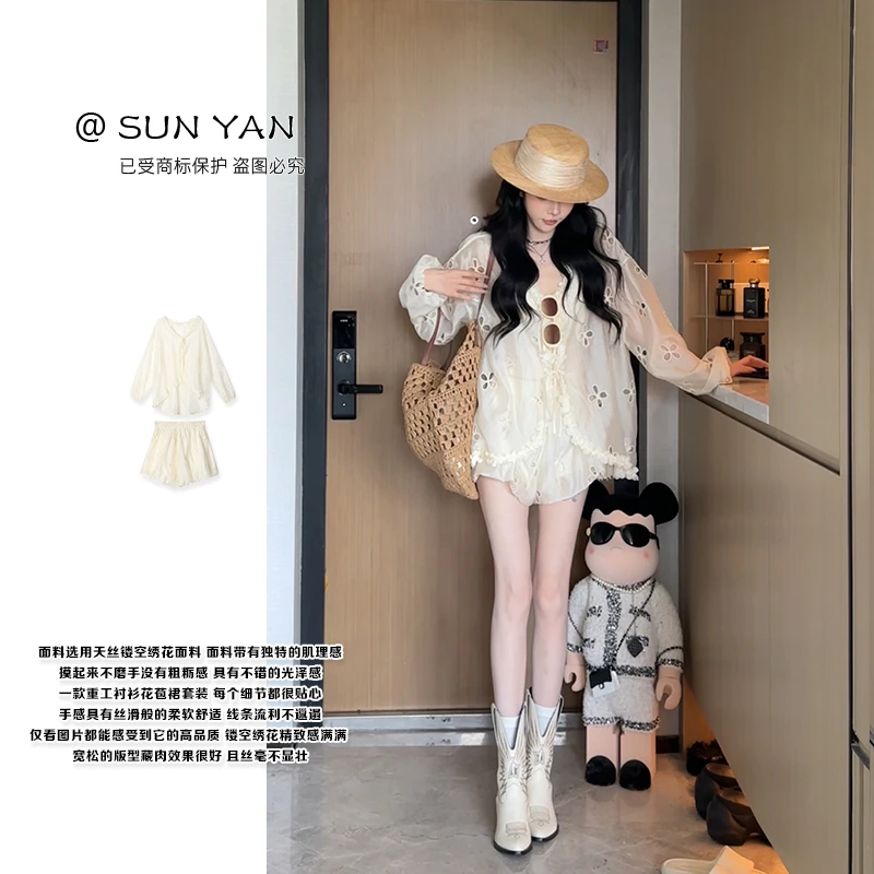 孙妍夏款【梦溪洛花】甜美V领花边镂空花朵宽松衬衫+高腰短裤套装女
