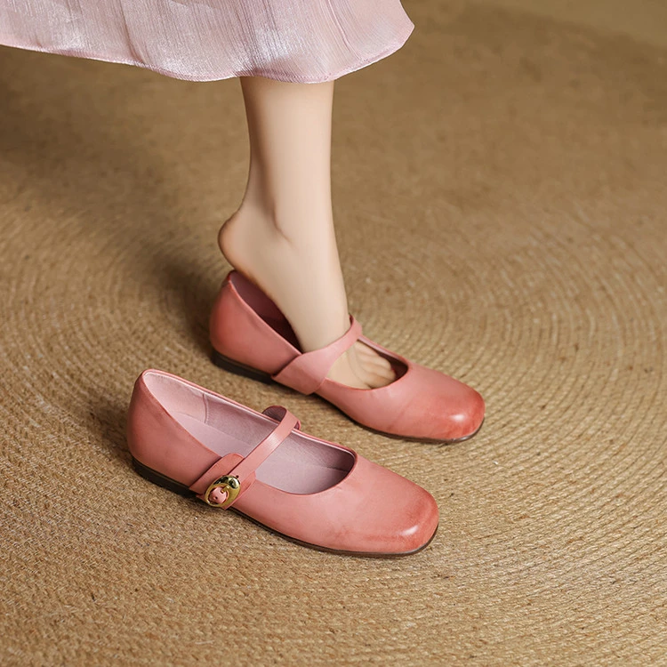 太古高定头层牛皮新款真皮单鞋女软底芭蕾鞋粉色配裙子玛丽珍鞋
