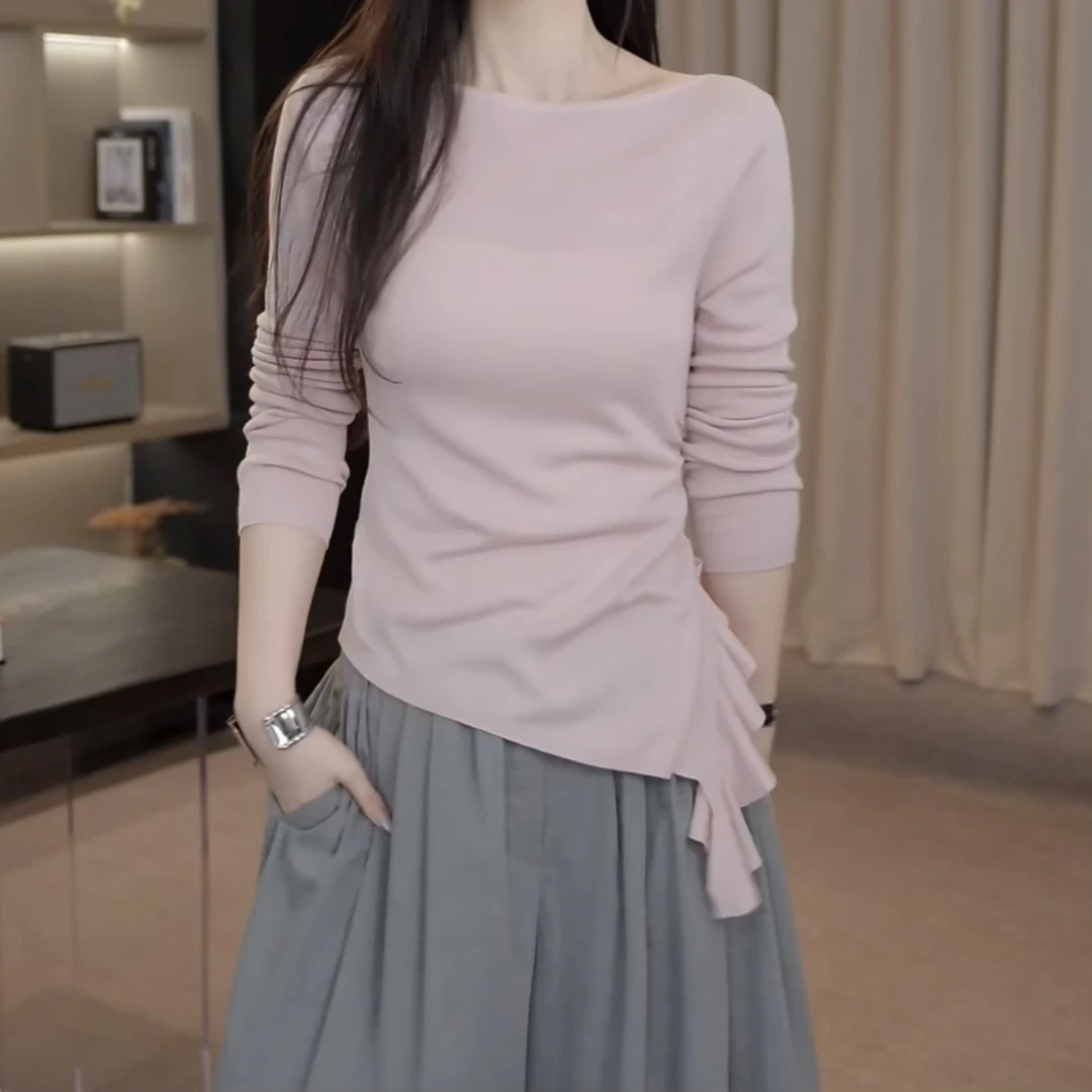 设计感一字领侧边荷叶边抽皱开叉长袖针织衫2025秋季新款显瘦上衣