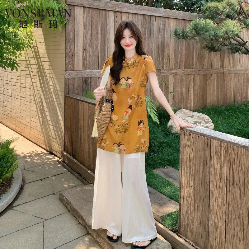 新中式国风套装女夏2025新款巨好看气质印花改良旗袍阔腿裤两件套