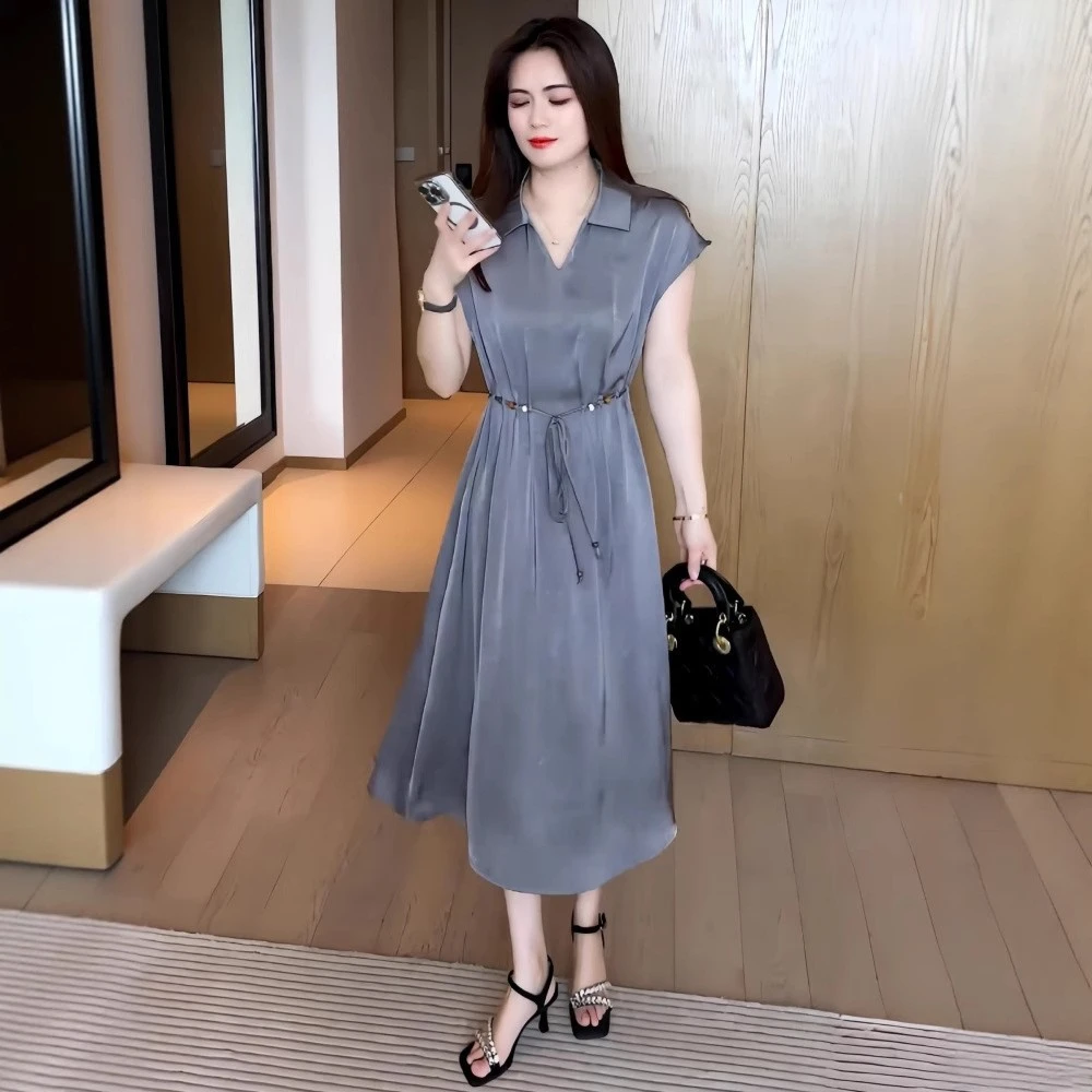 高腰连衣裙纯色苎麻连衣裙夏季新款时尚宽松酷飒出游服装女